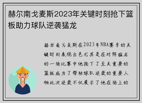 赫尔南戈麦斯2023年关键时刻抢下篮板助力球队逆袭猛龙