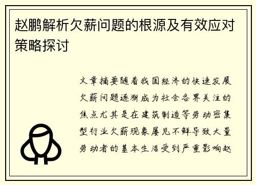 赵鹏解析欠薪问题的根源及有效应对策略探讨