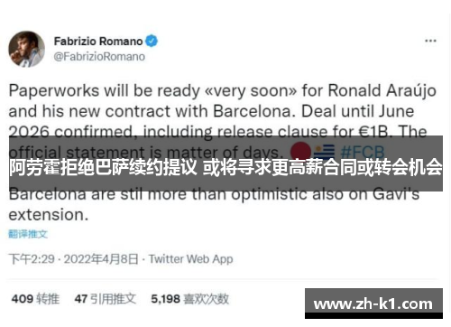 阿劳霍拒绝巴萨续约提议 或将寻求更高薪合同或转会机会